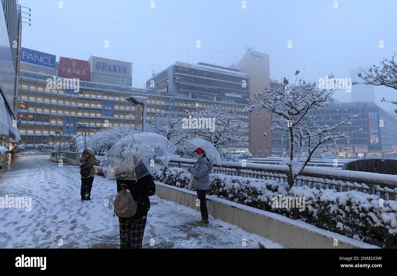 The Snow falls in Shinjuku Ward, Tokyo on January 6, 2022. According to the Japan Meteorological Agency, there will be a risk of the heavy snowfall in the southern Kanto region including Tokyo. ( The Yomiuri Shimbun via AP Images ) Banque D'Images