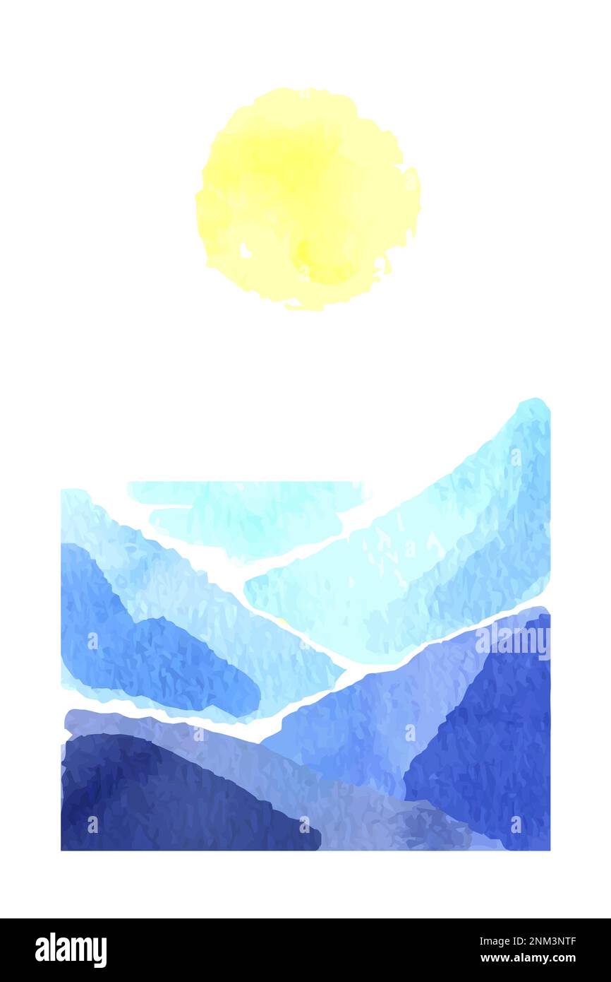 Paysage d'aquarelle, vue sur les montagnes bleues et soleil Illustration de Vecteur Paysage d'aquarelle, vue sur les montagnes bleues et soleil Illustration de Vecteur