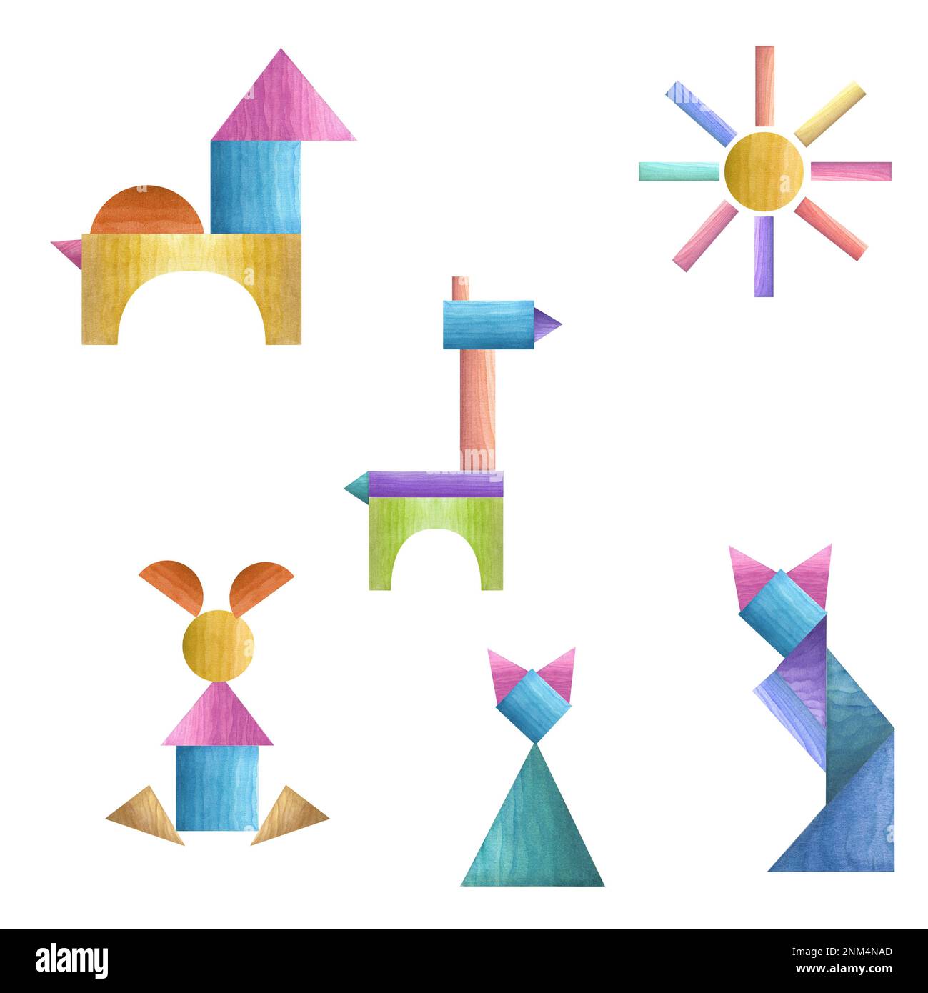 Ensemble de puzzles géométriques de tangogramme d'aquarelle isolés sur fond blanc. Matériaux écologiques jouets pour bébés. Imprimé, affiche, décor, papier peint, emballage Banque D'Images