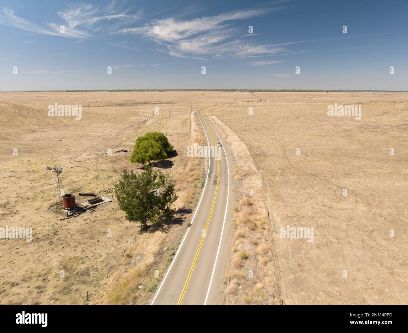 Vastes prairies ouvertes avec une route au milieu avec arbre isolé dans la ferme pendant la journée avec ciel nuageux, terres agricoles rurales et prairies aux États-Unis Banque D'Images
