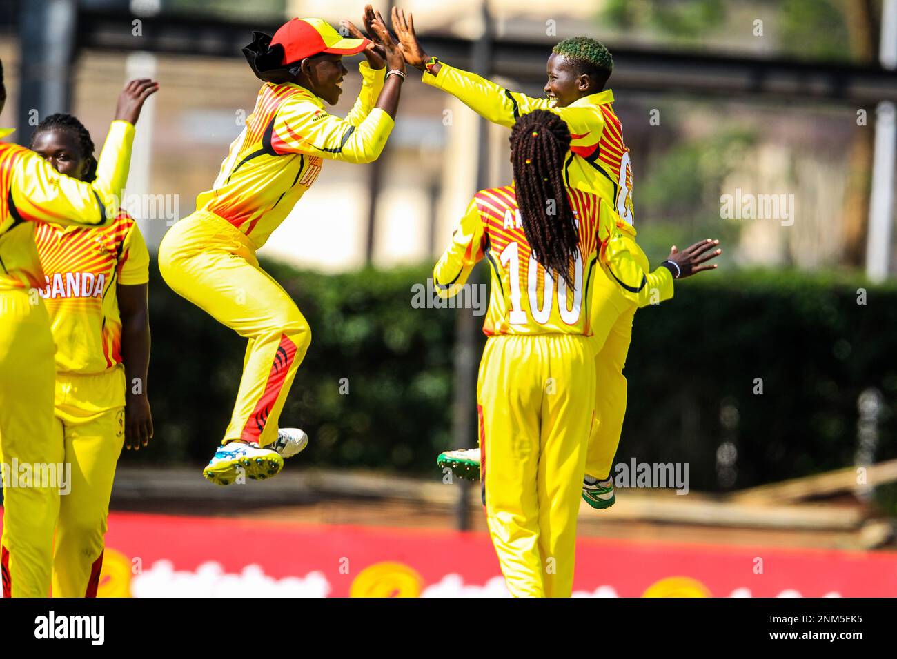 Les joueurs ougandais célèbrent un match de cricket contre le Kenya lors du tournoi quadrilatère Africa Women T20 au terrain de Gymkhana, Nairobi, Kenya. Banque D'Images
