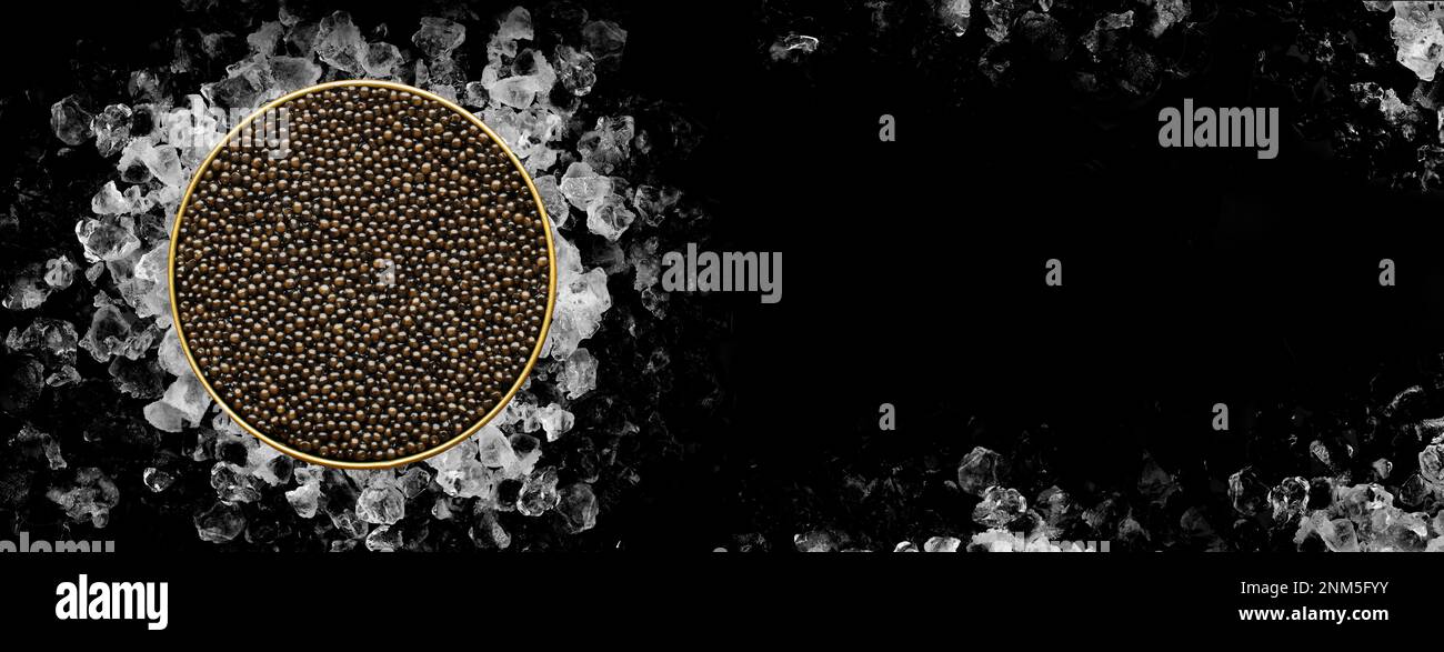 Vue de dessus de Tin of Caviar sur glace sur fond noir sur bannière avec espace de copie Banque D'Images