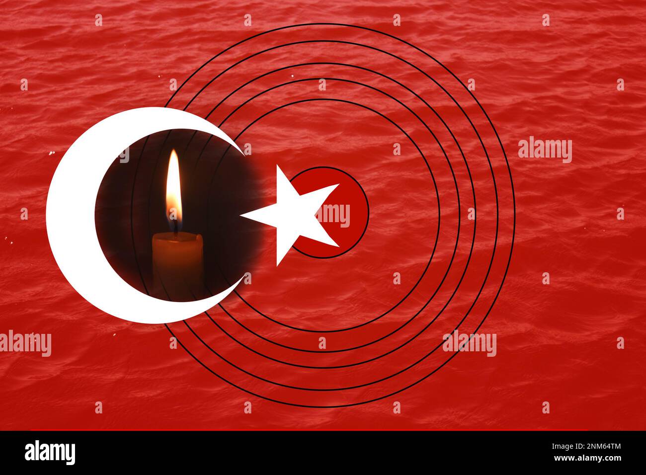 Tremblement de terre en Turquie, 6 février 2023. Bannière pleine de mournisme. L'épicentre du tremblement de terre en Turquie. Priez pour la Turquie. Un arrière-plan du drapeau turc. Bo Banque D'Images