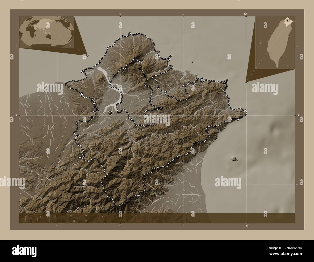 Ville de New Taipei, municipalité spéciale de Taïwan. Carte d'altitude colorée en tons sépia avec lacs et rivières. Cartes d'emplacement auxiliaire d'angle Banque D'Images