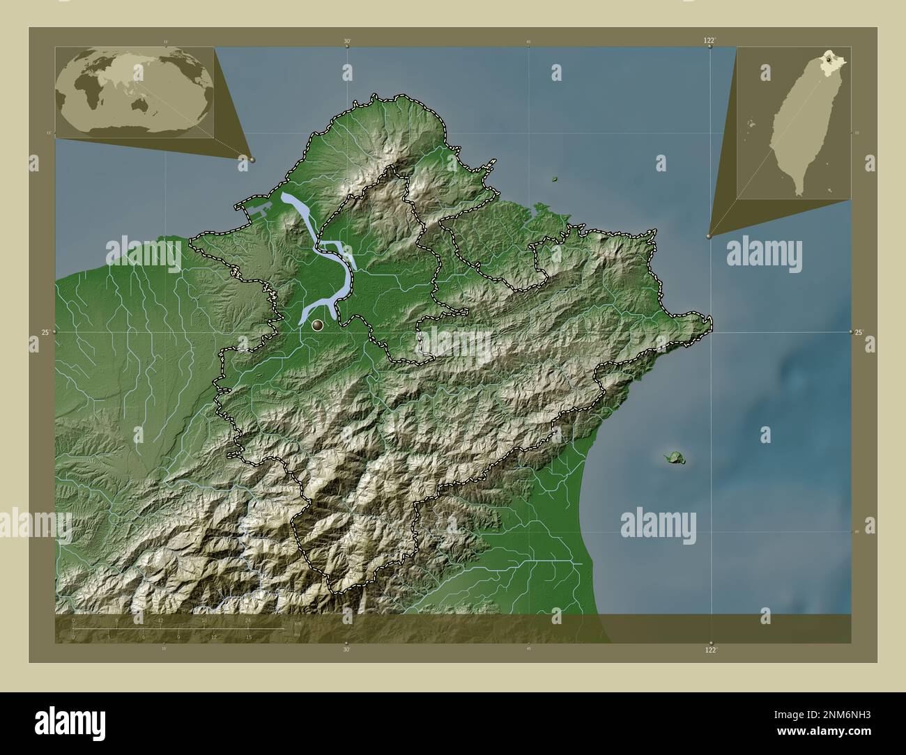 Ville de New Taipei, municipalité spéciale de Taïwan. Carte d'altitude colorée en style wiki avec lacs et rivières. Cartes d'emplacement auxiliaire d'angle Banque D'Images