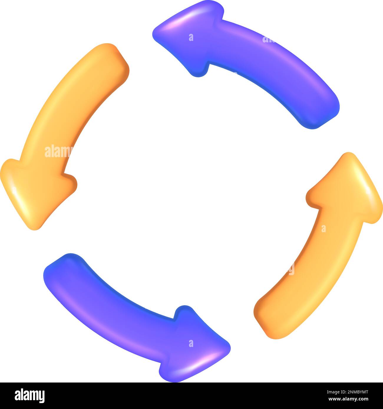 3d icône vecteur jaune et violet quatre flèches de cycle rondes. Concept de maillage des fichiers de rechargement ou des informations. Redémarrage rond, actualiser le système de navigation graphique Illustration de Vecteur