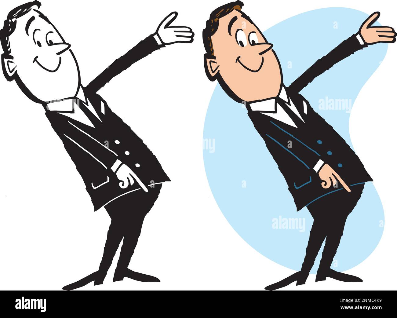 Une caricature rétro vintage d'un homme d'affaires qui fait le geste et pointe vers la droite. Illustration de Vecteur