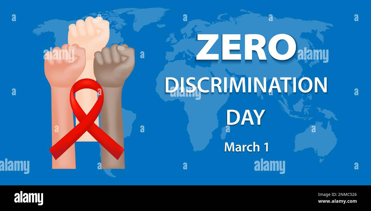 Rejoignez la lutte contre la discrimination avec une bannière avec un ruban rouge, des poings serrés de personnes de différentes races, et une carte du monde sur un dos bleu Illustration de Vecteur