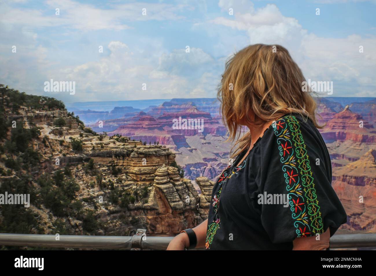 Femme aux cheveux longs désordonnés penche sur la main courante et regarde sur le Grand Canyon aux États-Unis Focus sélectif sur la femme Banque D'Images