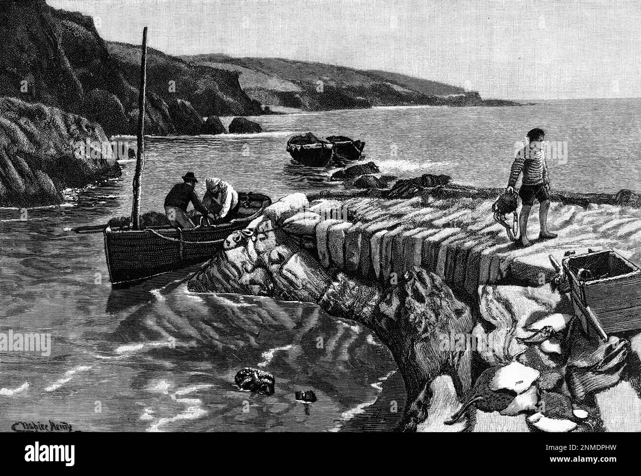 Gravure des pêcheurs qui vérifient leurs pots de crabe près de la baie de Gerran, en Cornouailles, en Angleterre, vers 1880 Banque D'Images