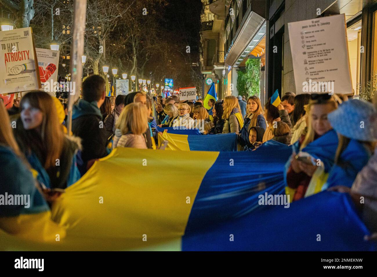 Barcelone, Barcelone, Espagne. 24th févr. 2023. Des centaines de personnes, pour la plupart des résidents ukrainiens de Barcelone, « ›› », manifestent dans le centre-ville pour commémorer la première année depuis le début de la guerre entre l'Ukraine et la Russie. (Credit image: © Marc Asensio Clupes/ZUMA Press Wire) USAGE ÉDITORIAL SEULEMENT! Non destiné À un usage commercial ! Banque D'Images