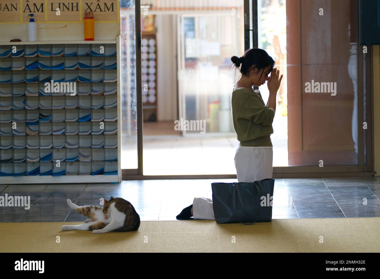 Une femme priant et remerciant un chat se détend au temple bouddhiste vietnamien de Quang Minh, Braybrook, Melbourne, Australie. Banque D'Images