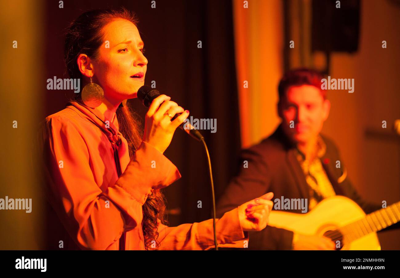 La chanteuse Stephanie Neigel à un concert dans la salle de culture de la Rommelmuehle, Bietigheim-Bissingen, dans le guitariste Daniel Stelter Banque D'Images