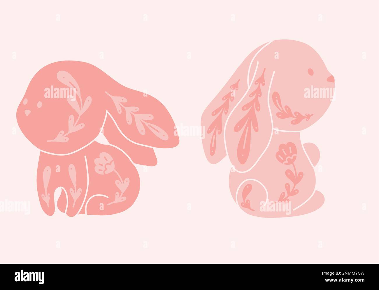 Ensemble vectoriel de lapins adorables et décorés. Collection avec bandes dessinées roses et motif floral. Lapins d'art populaire. Clip arts animaux pour la pépinière Illustration de Vecteur