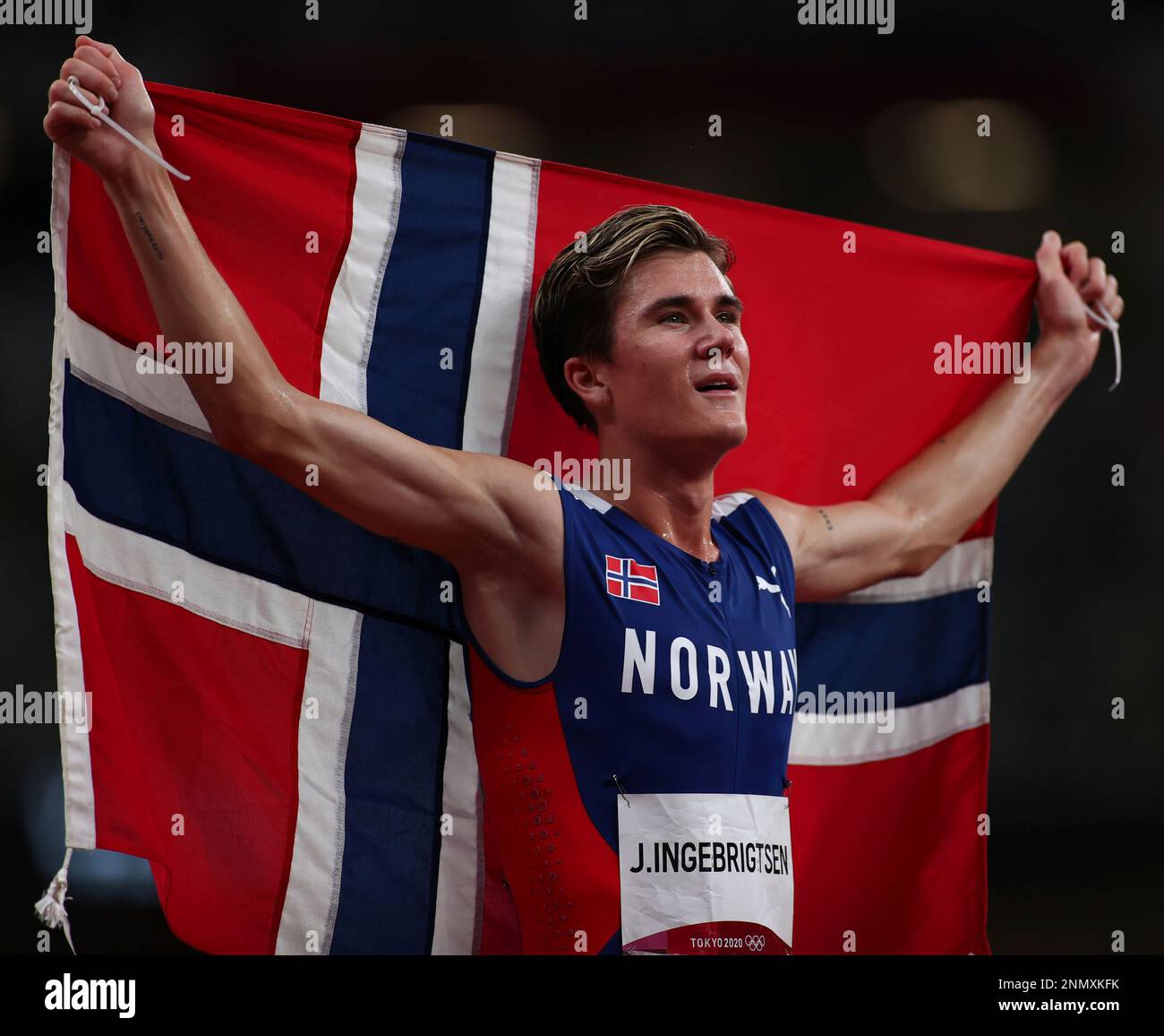 INGEBRIGTSEN Jakob of Norway reacts after winning Athletics men's 1500m in Tokyo Olympic Games at Olympic Stadium in Tokyo on August 7, 2021. INGEBRIGTSEN Jakob won the event to claim gold medal. ( The Yomiuri Shimbun via AP Images ) Banque D'Images