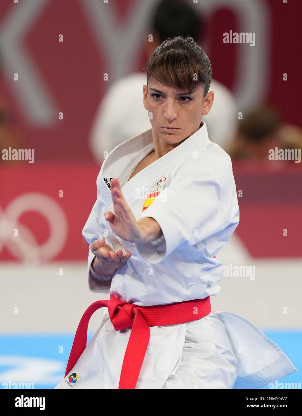 SANCHEZ JAIME Sandra of Spain performs during the Karate Kata Final at Nippon Budokan in Tokyo on Aug.5, 2021. Sanchez won the gold medal, defeating Japanese Shimizu Kiyou. ( The Yomiuri Shimbun via AP Images ) Banque D'Images