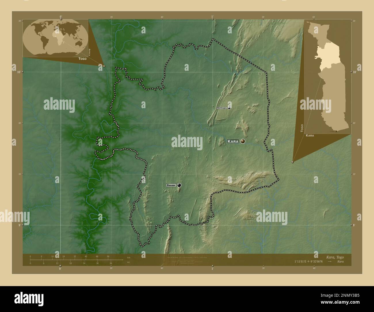 Kara, région du Togo. Carte d'altitude en couleur avec lacs et rivières. Lieux et noms des principales villes de la région. Cartes d'emplacement auxiliaire d'angle Banque D'Images