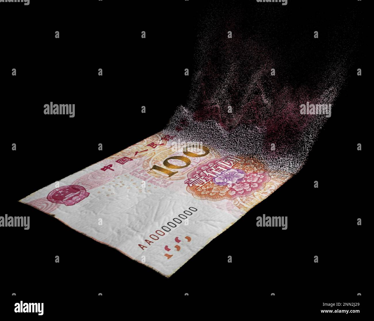 Une image de concept montrant une note de banque chinoise en yuan à moitié dissoute sur un arrière-plan de studio sombre - rendu 3D Banque D'Images