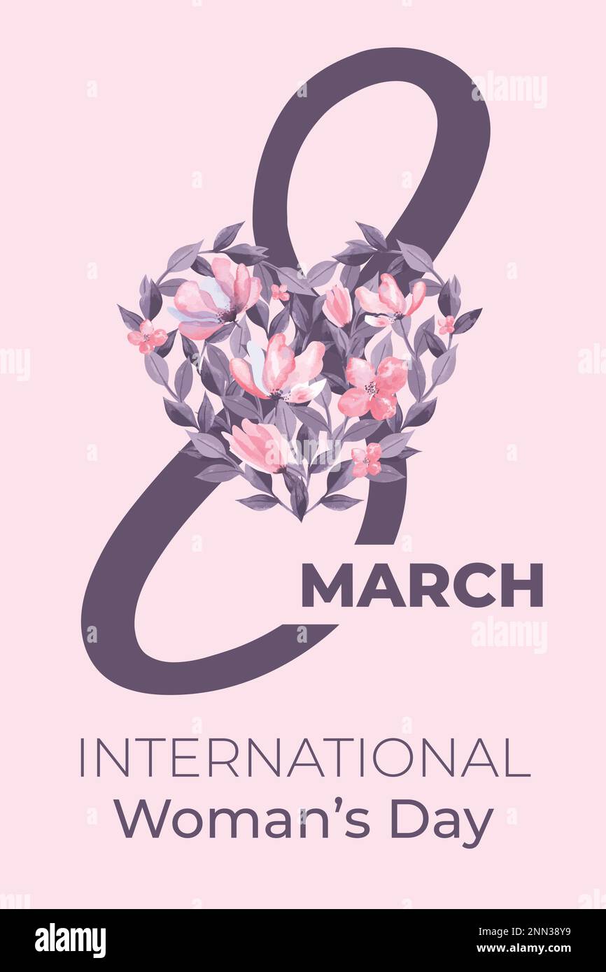 Dessin à la main Aquarelle coeur Illustration de 8 mars. Journée internationale de la femme, huit. Nombre de fleurs. Rose abstrait et violet Illustration de Vecteur