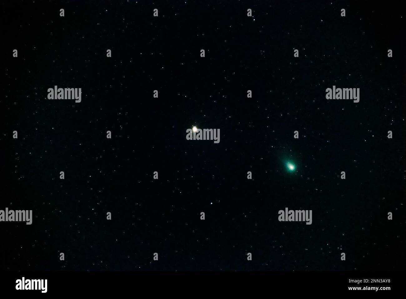 Astrophotographie de Green Comet C/2022 E3 (ZTF) à côté de ? Aurigae, suivi de 10 secondes à ISO 10000 avec 800mm et F11 sur 8 février 2023, Riedstadt, Banque D'Images