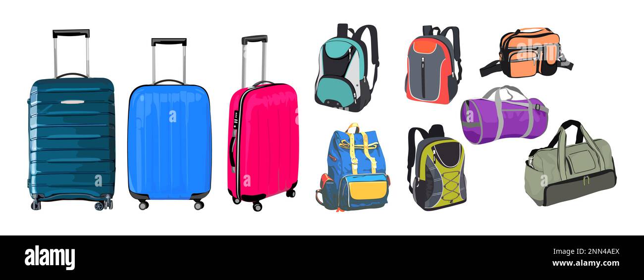 Ensemble de différents sacs de voyage, bagages, valises. Illustration de Vecteur