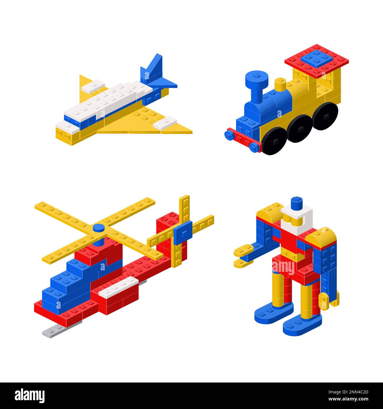 Objets construits à partir de blocs en plastique, d'un hélicoptère, d'un avion, d'une locomotive et d'un robot. Clipart vectoriel Illustration de Vecteur