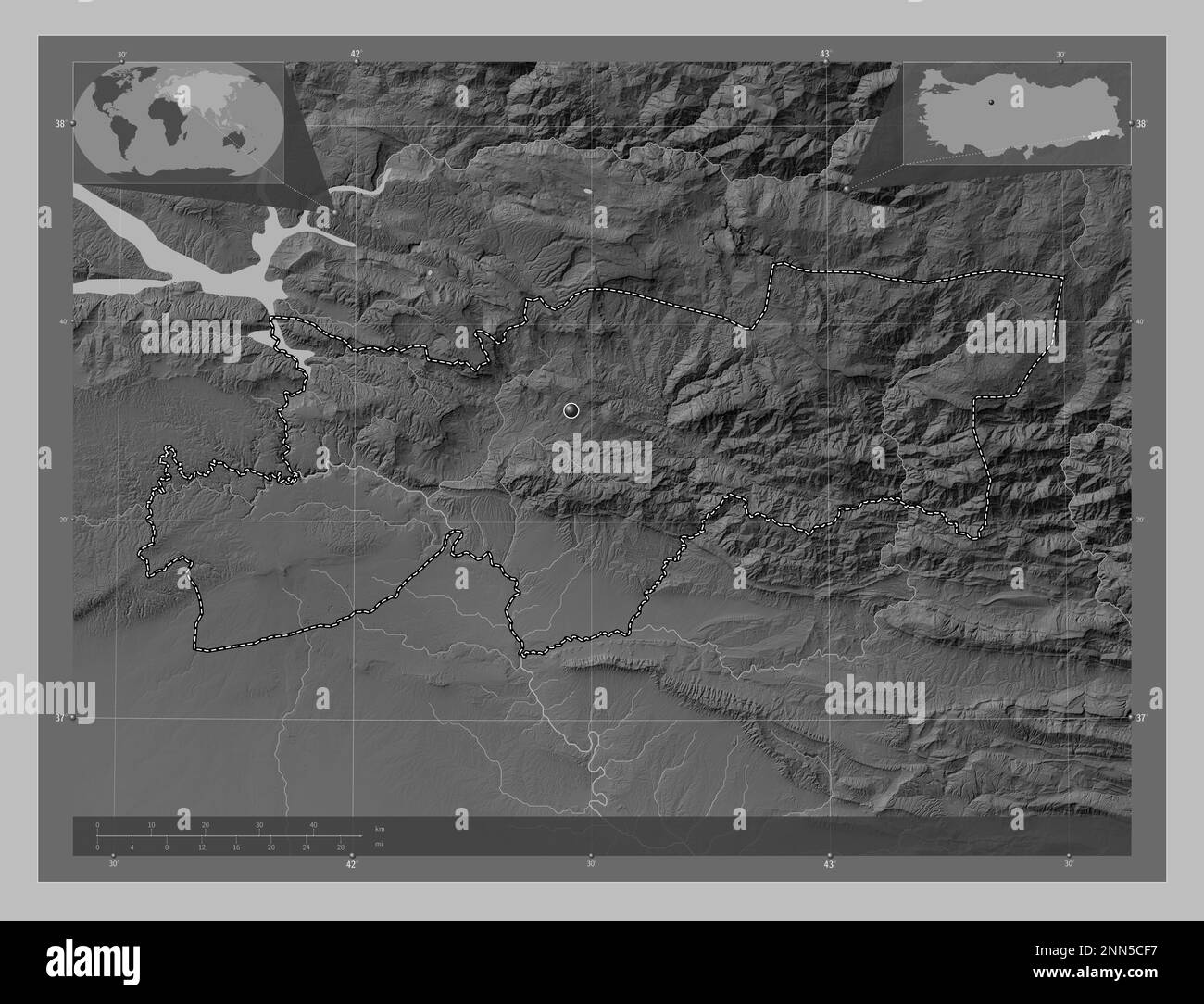 Srnak, province du Turkiye. Carte d'altitude en niveaux de gris avec lacs et rivières. Cartes d'emplacement auxiliaire d'angle Banque D'Images