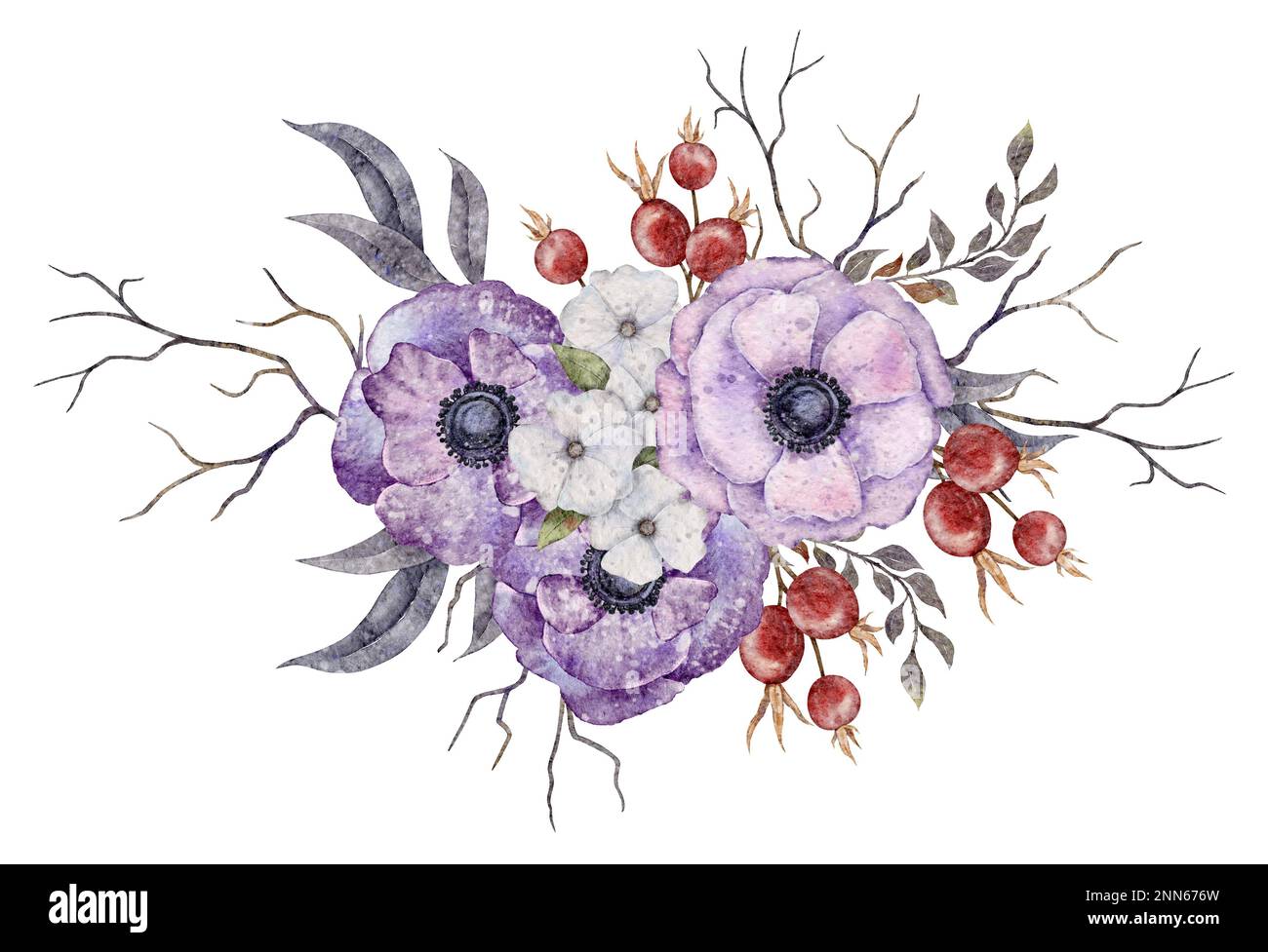 Aquarelle Boho Anemone fleurs, feuilles, branches et baies motif Halloween. Sorcière Illustration isolée sur le fond blanc pour la carte, invitation Banque D'Images