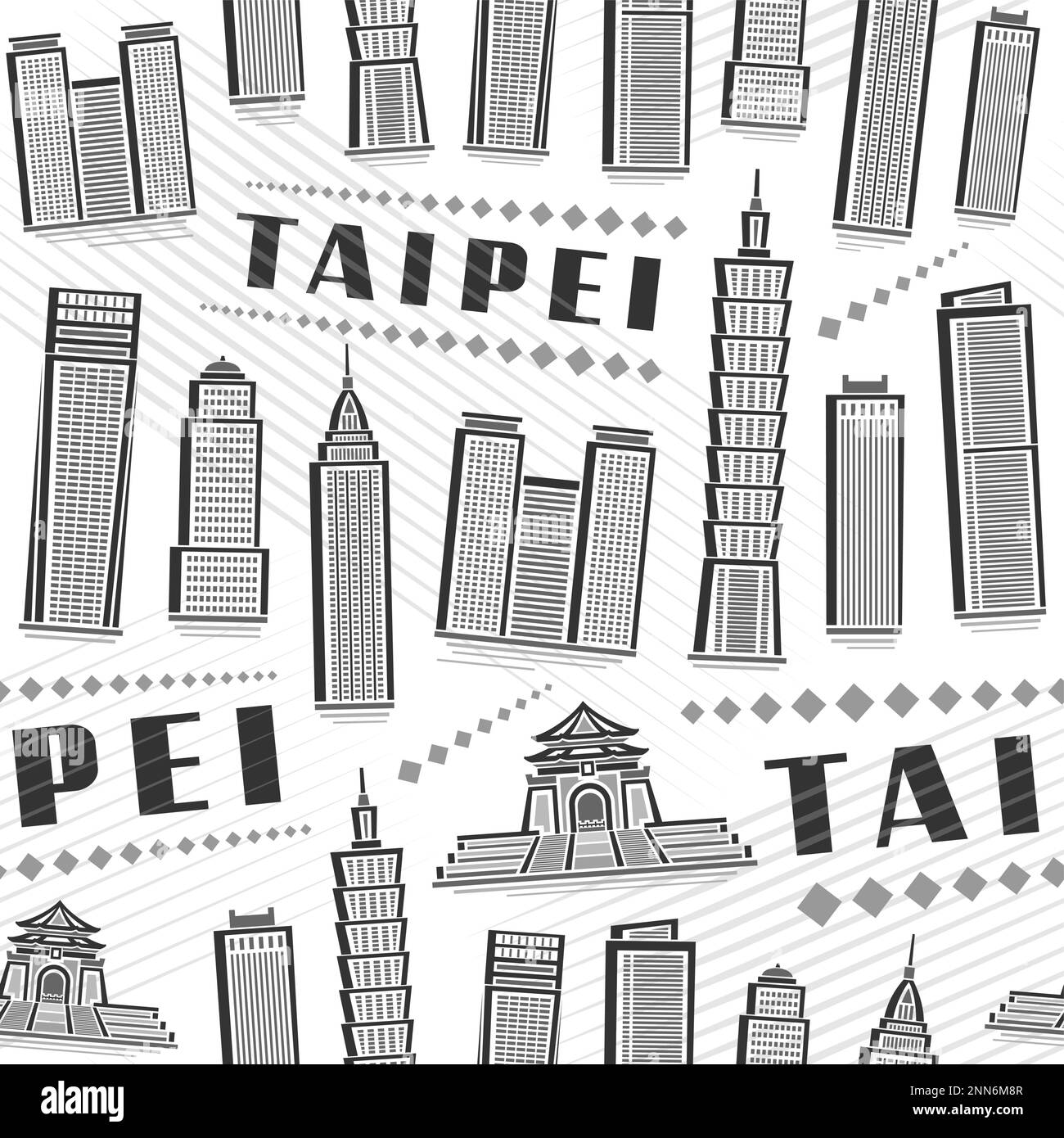 Vector Taipei Seamless Pattern, fond carré répétitif avec illustration du célèbre paysage de la ville de taipei sur fond blanc pour papier d'emballage, mono Illustration de Vecteur