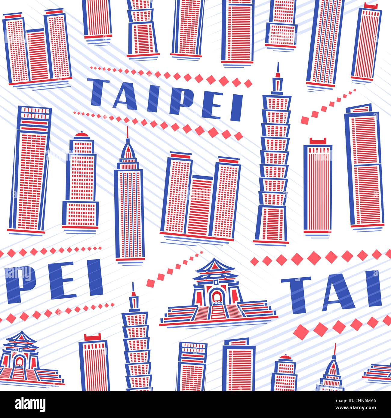 Vector Taipei Seamless Pattern, fond carré répété avec illustration du célèbre paysage de la ville moderne de taipei sur fond blanc pour papier d'emballage, Illustration de Vecteur