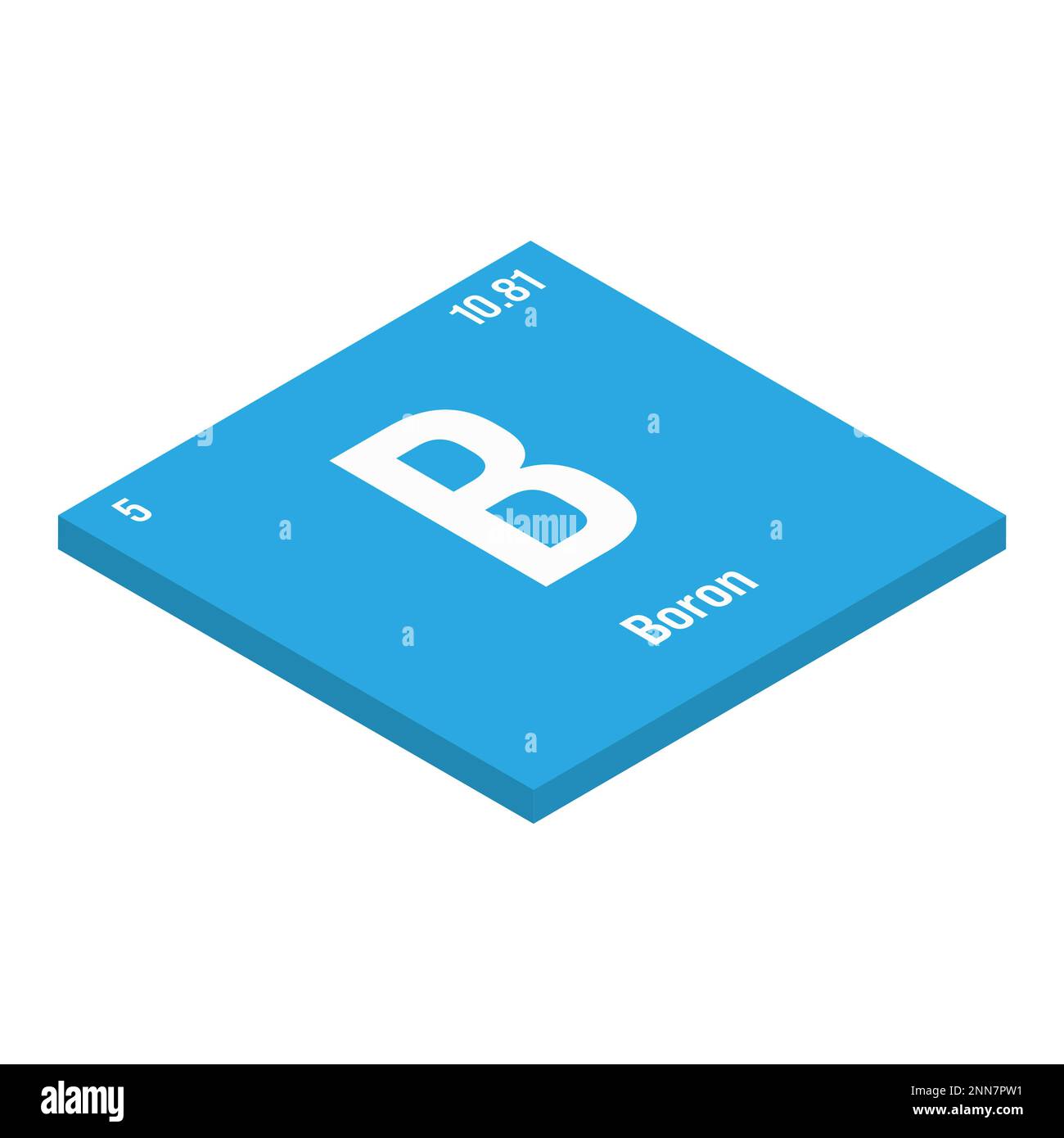 Bore, B, élément de table périodique avec nom, symbole, numéro atomique et poids. Métalloïde à diverses utilisations industrielles, comme dans la fibre de verre, la céramique et comme absorbeur de neutrons dans les centrales nucléaires. Illustration de Vecteur