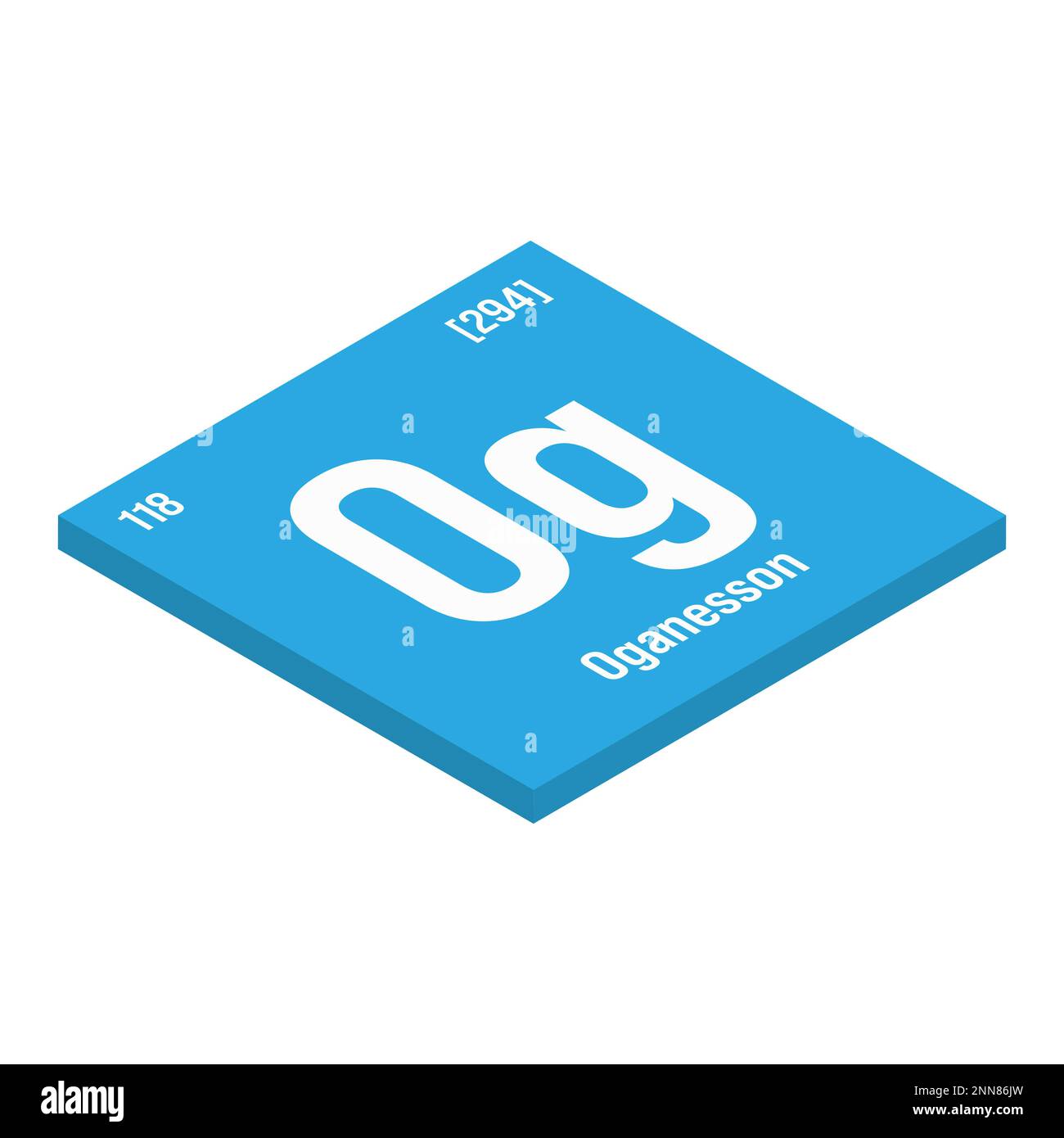 Oganesson, OG, élément de table périodique avec nom, symbole, numéro atomique et poids. Élément synthétique de demi-vie très courte, créé par des réactions nucléaires en laboratoire. Ses propriétés ne sont pas bien comprises en raison de son instabilité. Illustration de Vecteur