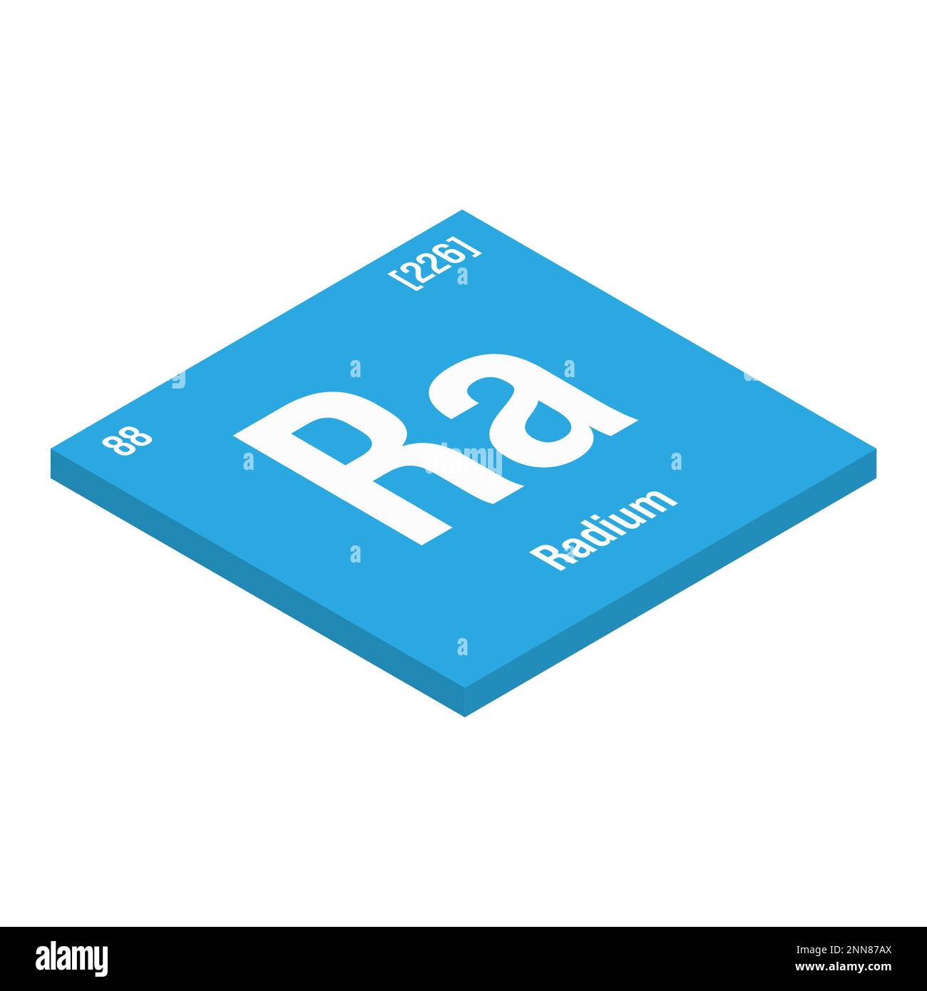 Radium, Ra, élément de table périodique avec nom, symbole, numéro atomique et poids. Métal alcalin de terre aux propriétés radioactives, autrefois utilisé en thérapie médicale et comme composant de certains types de peinture. Illustration de Vecteur
