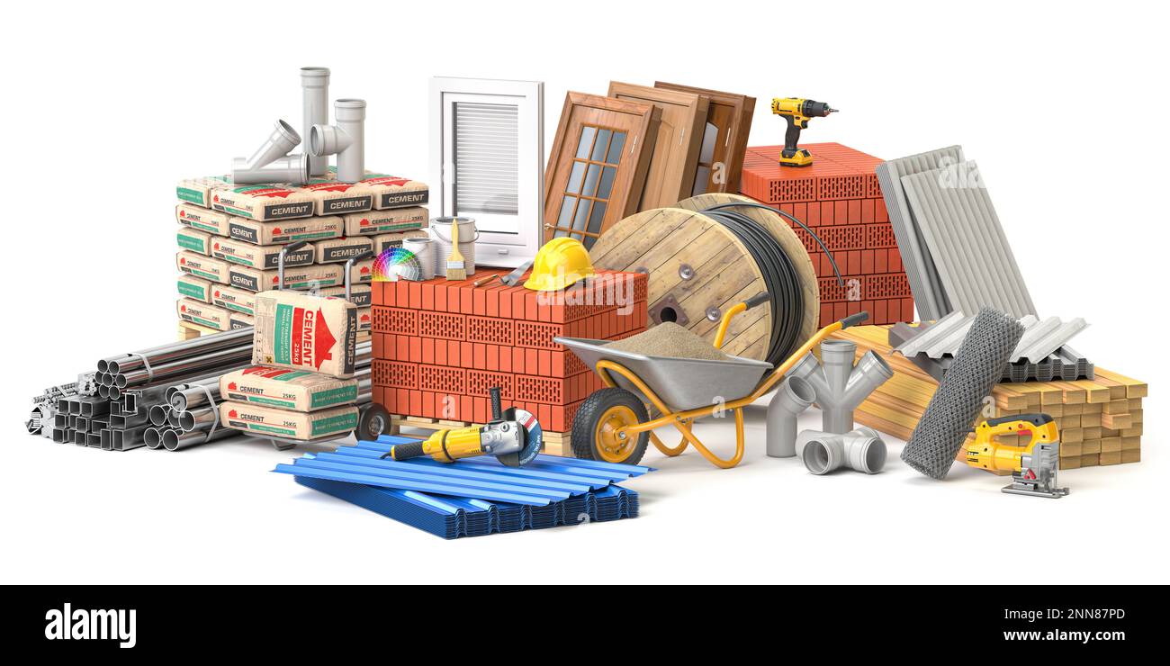 Matériaux et outils de construction isolés sur fond blanc. 3d illustration Banque D'Images
