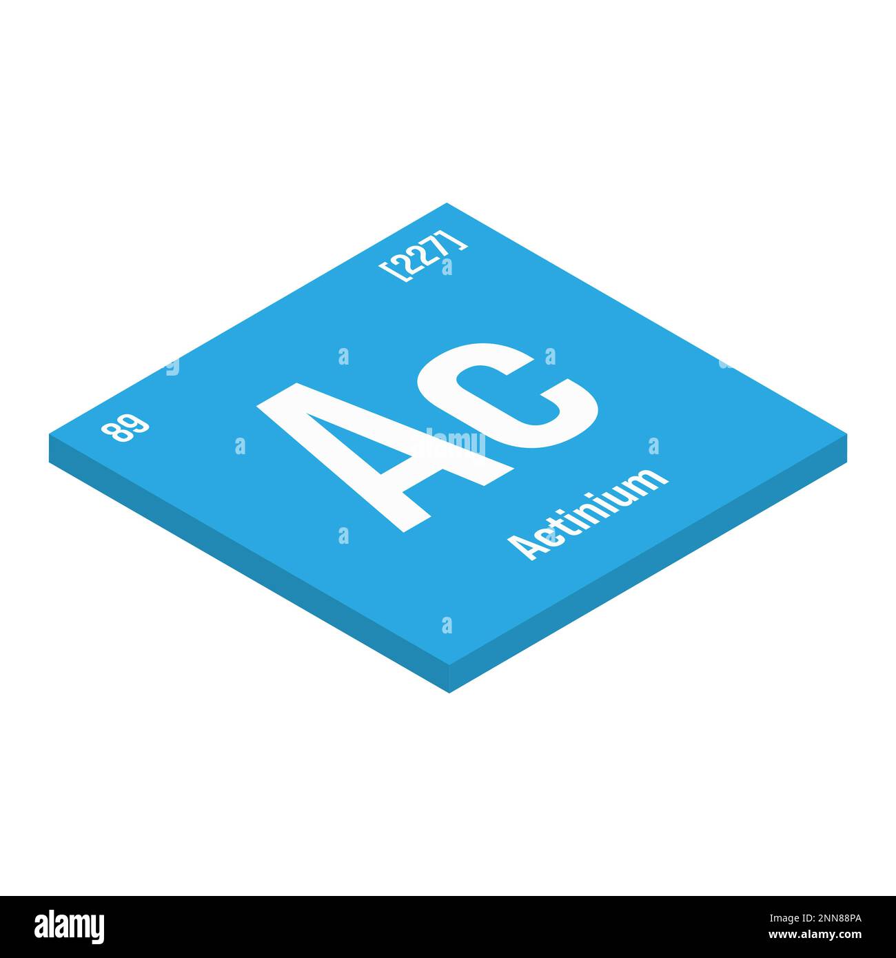 Actinium, AC, élément de table périodique avec nom, symbole, numéro atomique et poids. Élément radioactif ayant des utilisations potentielles dans le traitement du cancer et comme source de neutrons pour la recherche scientifique. Illustration de Vecteur