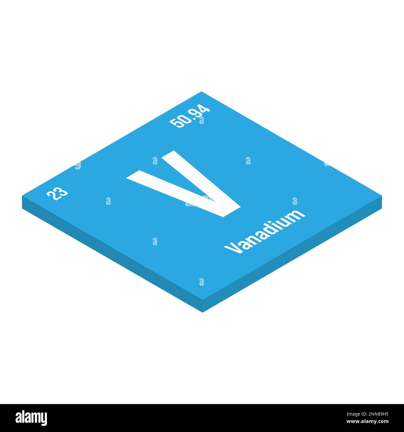 Vanadium, V, élément de table périodique avec nom, symbole, numéro atomique et poids. Métal de transition à diverses utilisations industrielles, comme dans certains types d'acier et comme catalyseur dans certaines réactions chimiques. Illustration de Vecteur
