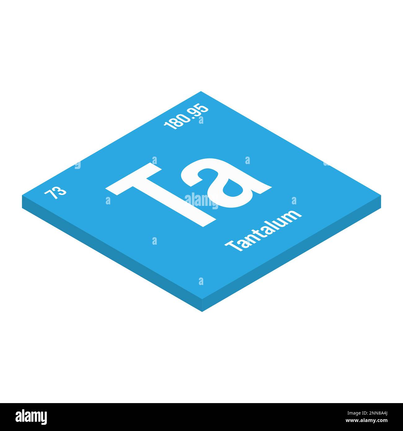 Tantale, Ta, élément de table périodique avec nom, symbole, numéro atomique et poids. Métal de transition à diverses utilisations industrielles, comme dans les condensateurs électriques, certains types d'implants médicaux, et comme composant dans certains types d'alliages. Illustration de Vecteur