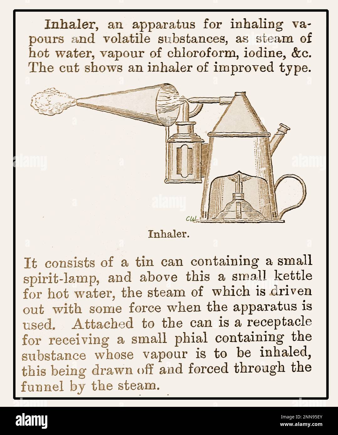 19thcentury illustration et description de fonctionnement d'un inhalateur médical. en étain et une lampe à alcool Banque D'Images