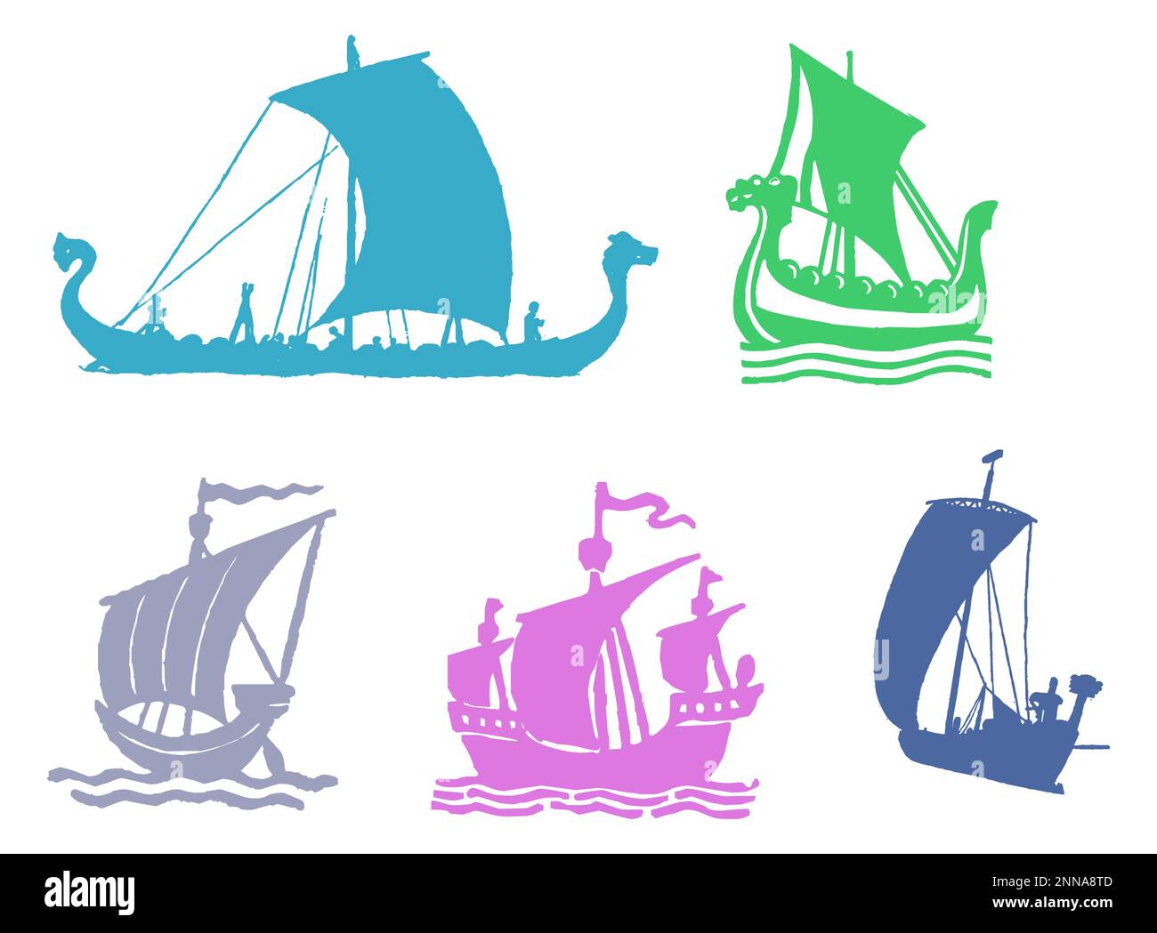 Old Vintage Nordic Ship Boat multicolore Icon Set Illustration de Vecteur