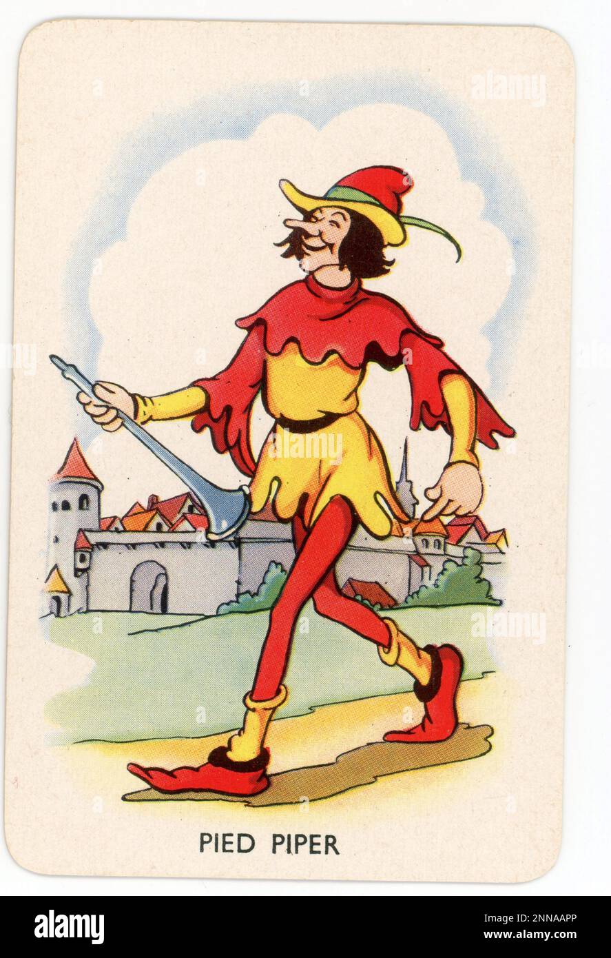 Carte mettant en vedette le PIPER de Hamelin de Symphonies battues JEU de cartes WALT DISNEY publié en 1939 au Royaume-Uni par Pepys Games avec la permission de Walt Disney - Mickey Mouse Ltd Banque D'Images