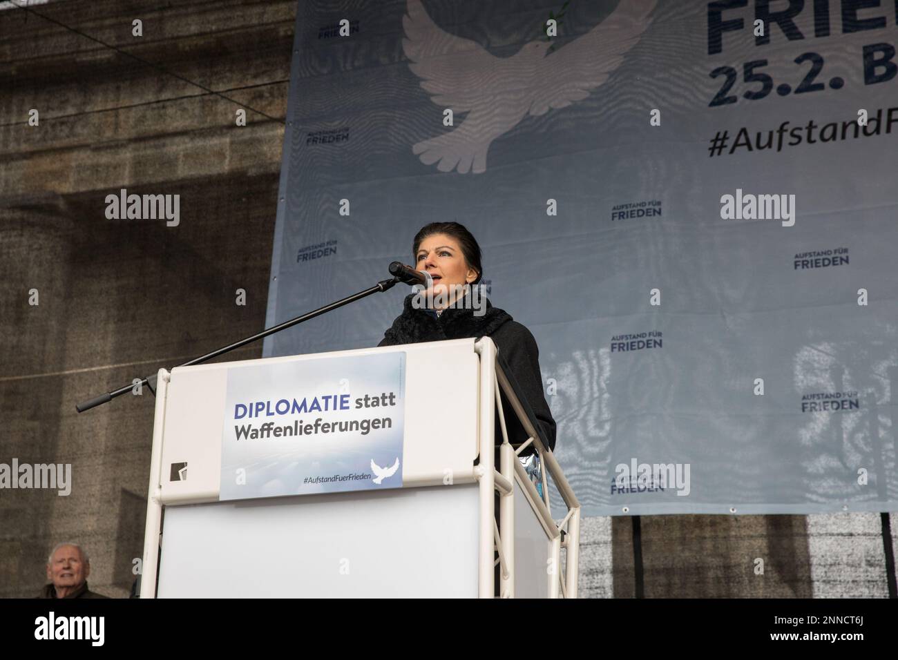 Des milliers de personnes se sont rassemblées samedi, 25 février 2023, à la porte de Brandebourg à Berlin pour protester contre la livraison d'armes à l'Ukraine. Le rassemblement "Aufstand für den Frieden" (soulèvement pour la paix) a été appelé par le politicien Sahra Wagenknecht et le féministe Alice Schwarzer. La police a estimé qu'environ 13 000 personnes ont assisté à l'événement, tandis que Wagenknecht a affirmé que 50 000 étaient présentes. Les participants ont exigé des négociations de paix avec la Russie et l'arrêt des livraisons d'armes à l'Ukraine. L'événement a commencé par des discours de l'actrice Corinna Kirchhoff, de l'éducateur Hans-Peter Waldrich, et RE Banque D'Images