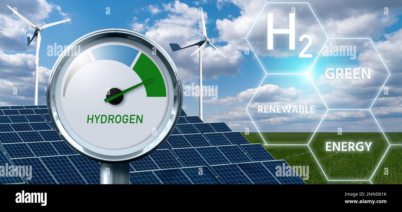 Jauge d'hydrogène avec couleurs d'arbre - gris, bleu et vert. Concept de production d'hydrogène vert Banque D'Images