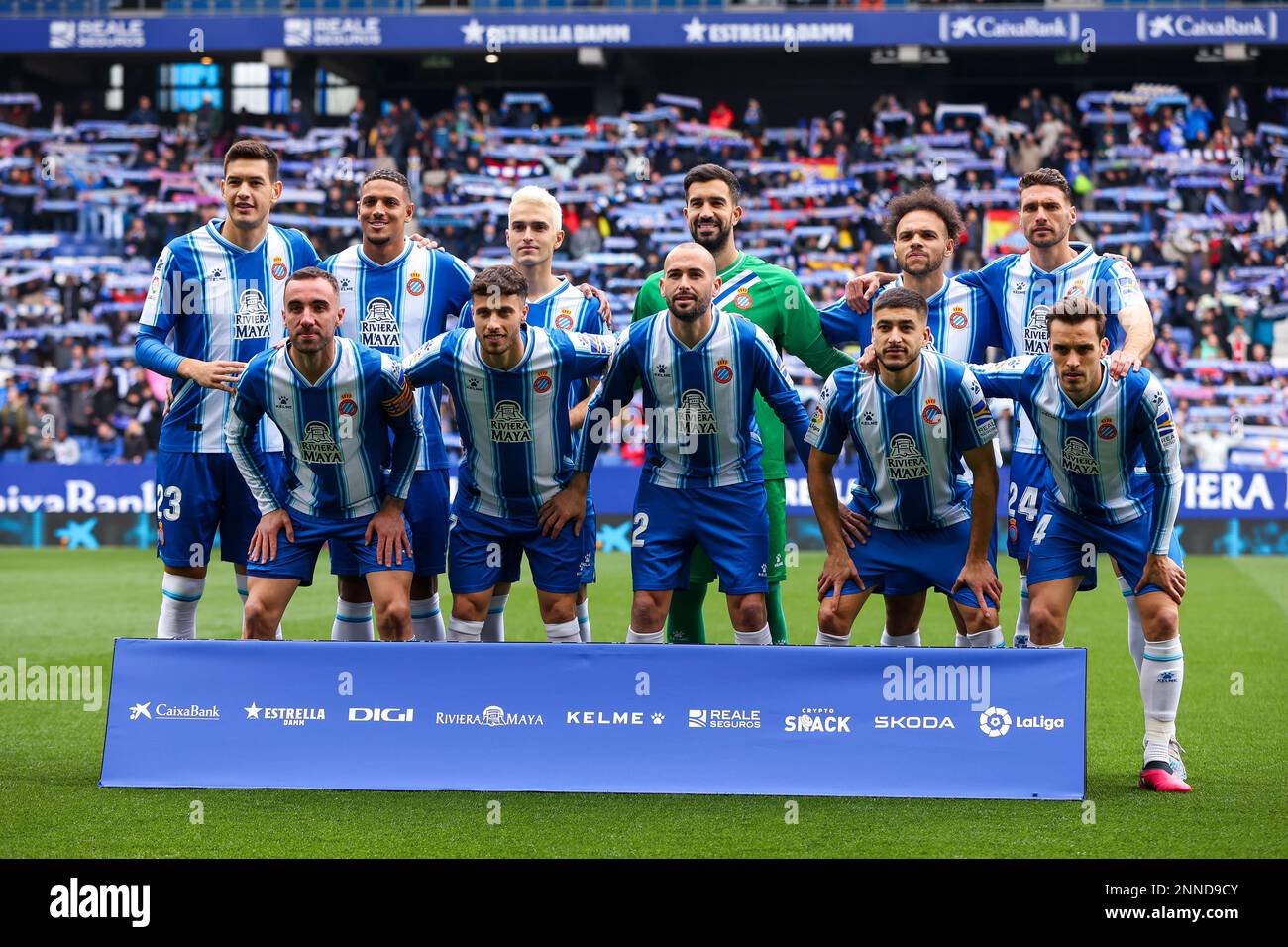 Joueurs du RCD Espanyol pendant le match de la Ligue entre le RCD Espanyol et le RCD Mallorca au stade du RCDE à Cornella, en Espagne. Banque D'Images