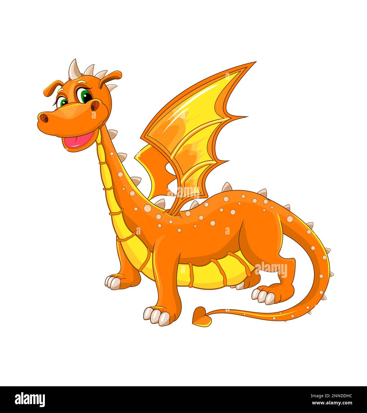 Dinosaure orange drôle de dessin animé debout avec des ailes étalées. Dragon sur fond blanc. Illustration de Vecteur