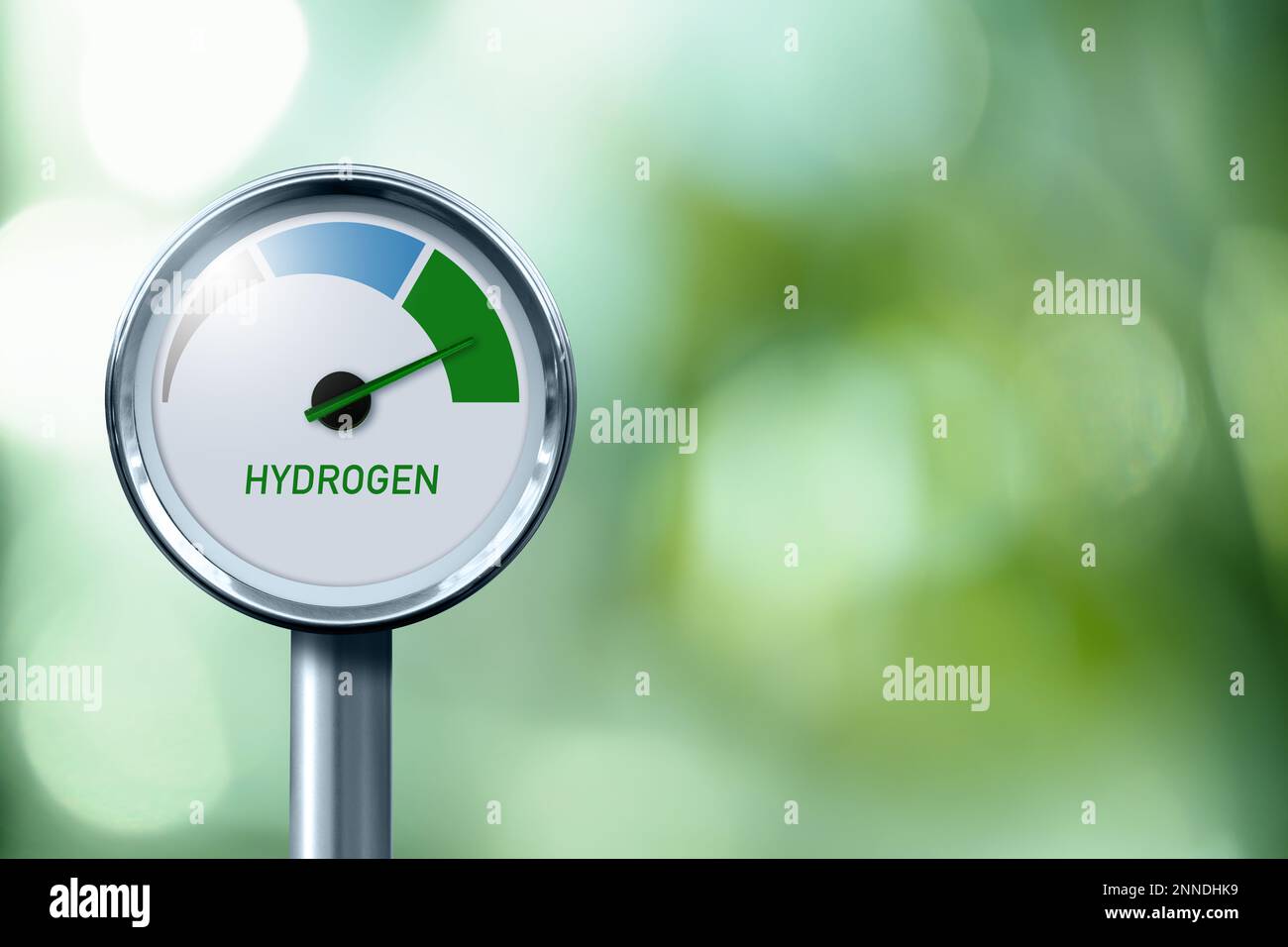 Jauge d'hydrogène avec couleurs d'arbre - gris, bleu et vert. Concept de production d'hydrogène vert Banque D'Images