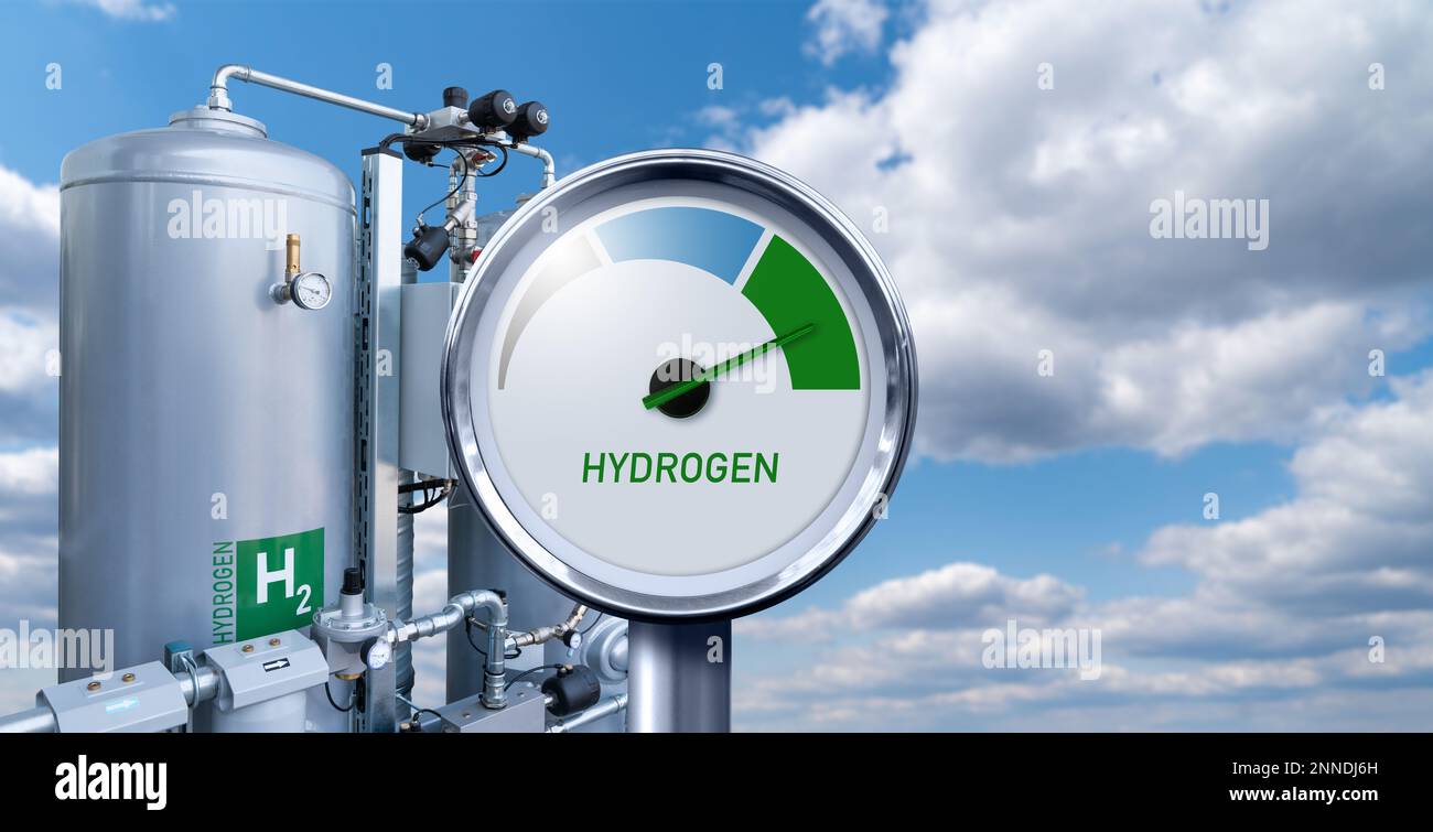 Jauge d'hydrogène avec couleurs d'arbre - gris, bleu et vert. Concept de production d'hydrogène vert Banque D'Images
