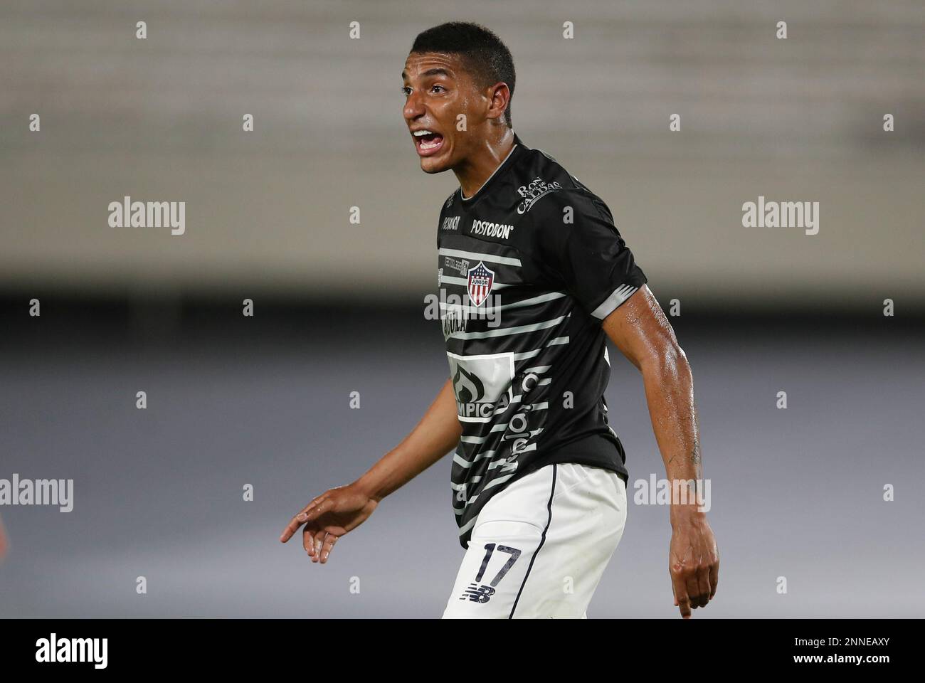 Gabriel Fuentes of Colombia's Junior reacts during a Copa Libertadores soccer match against Argentina's River Plate in Buenos Aires, Argentina, Wednesday, April 28, 2021. (AP Photo/Natacha Pisarenko, Pool) Banque D'Images