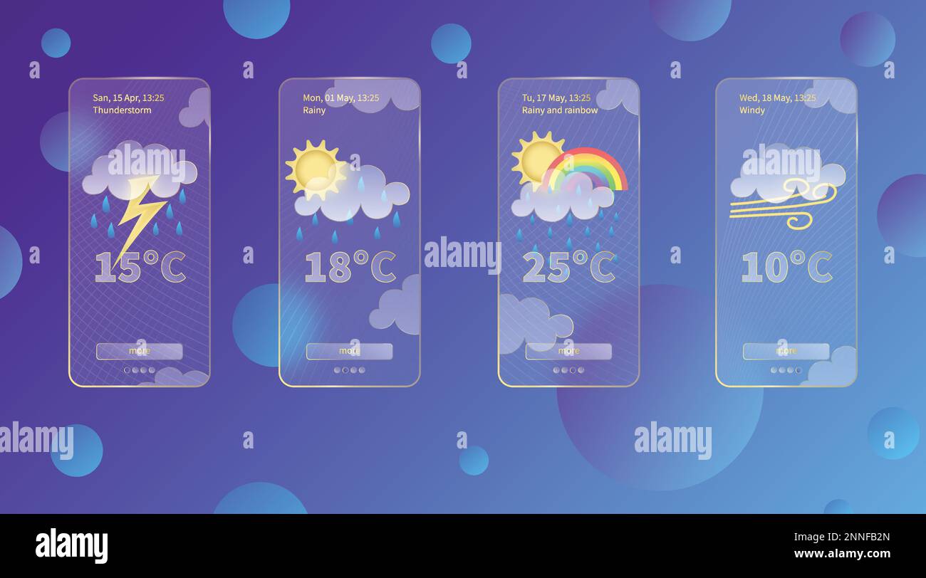 Ensemble de 3D modèles d'application de prévisions météorologiques de glassmorphisme Kit de conception d'interface. Icônes de météo de jour sur fond bleu foncé dégradé Collection de saison Illustration de Vecteur