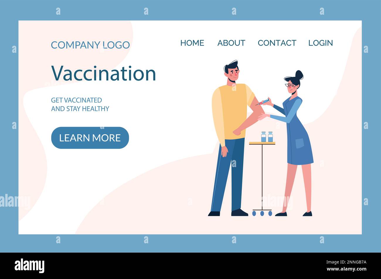 Site Web de vaccination. Vaccination des personnes contre diverses maladies, y compris le coronavirus COVID-19. Une infirmière donne un vaccin d'homme. Prévention, injections. Vecteur de santé. Site médical, pages de renvoi. Illustration de Vecteur