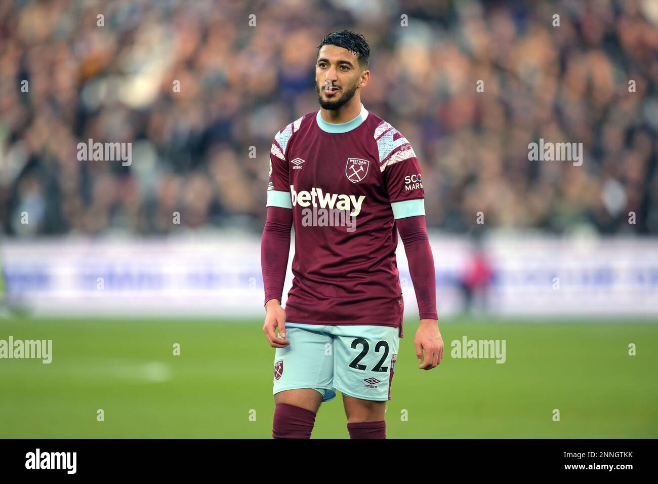 Londres, Royaume-Uni. 25th févr. 2023. A déclaré Benrahma de West Ham Utd lors du match West Ham contre Nottingham Forest Premier League au stade de Stratford à Londres. Crédit : MARTIN DALTON/Alay Live News Banque D'Images